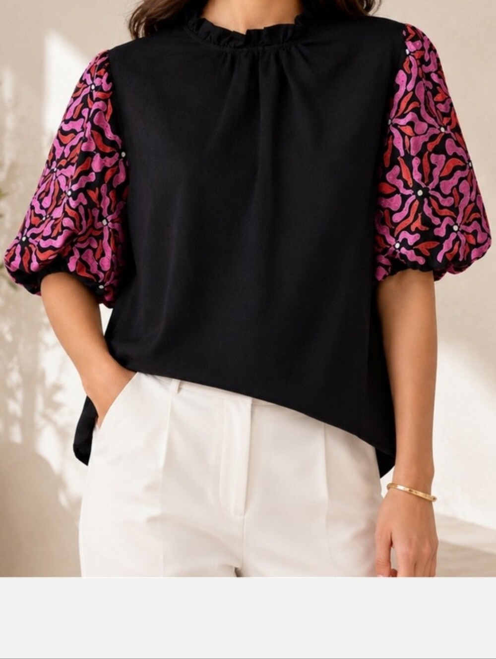 Entro Black Embroidered Puff Sleeve Blouse Top XL Boho - Picture 2 of 5